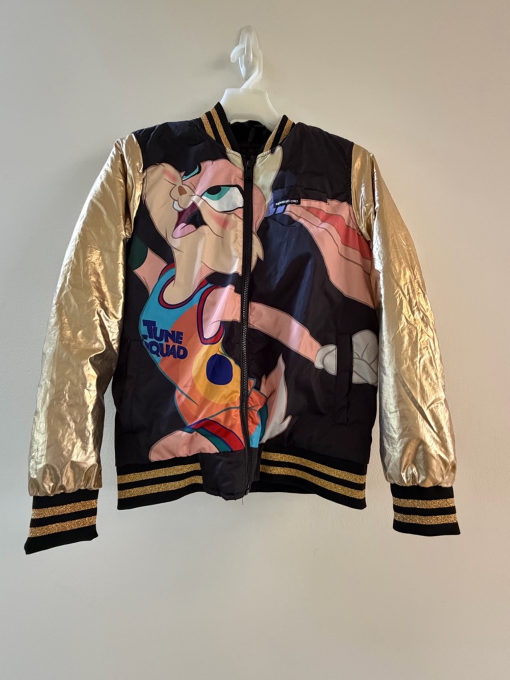 Members Only Black Jacket with Gold Trim and Multicolor Abstract Panels